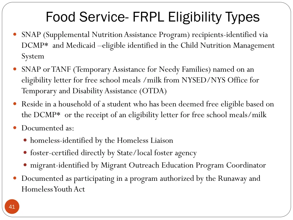 food service frpl eligibility types