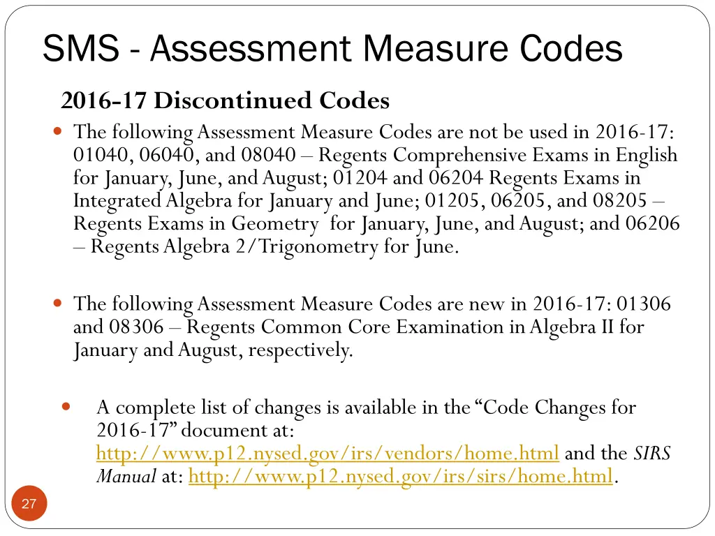 sms assessment measure codes