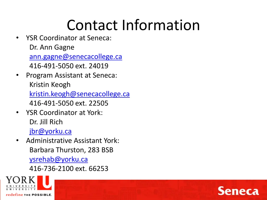 contact information ysr coordinator at seneca