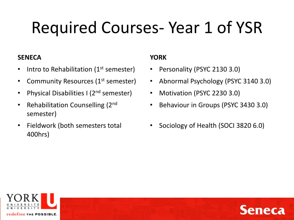 required courses year 1 of ysr