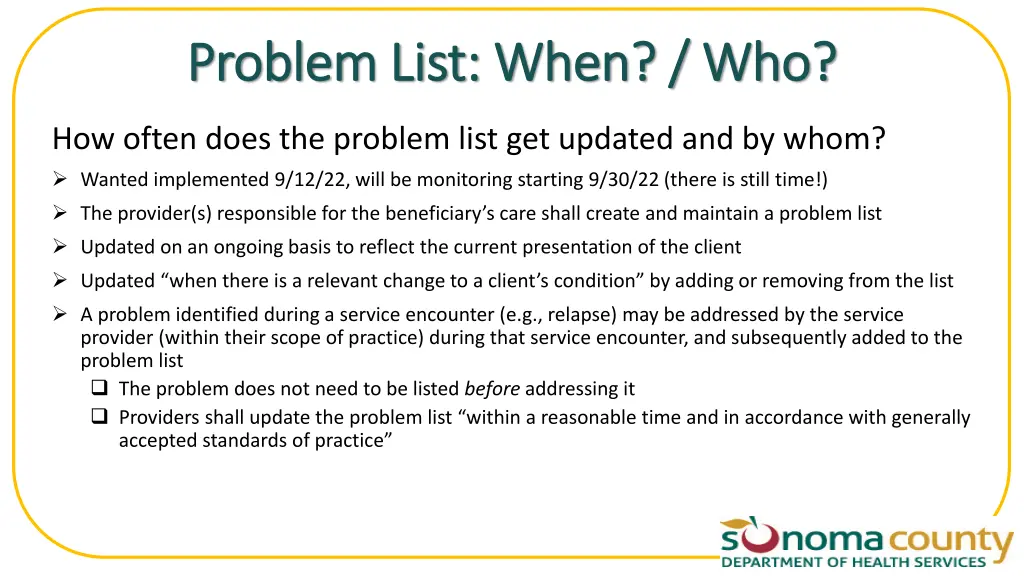problem list when who problem list when who