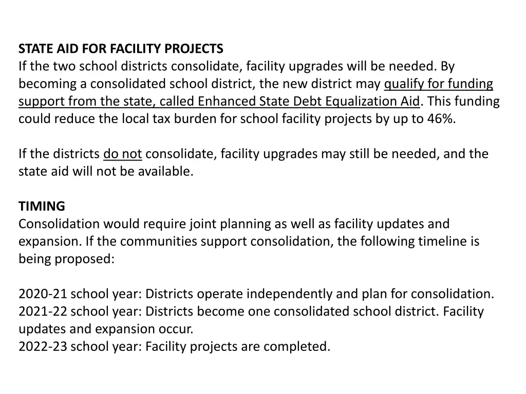state aid for facility projects if the two school