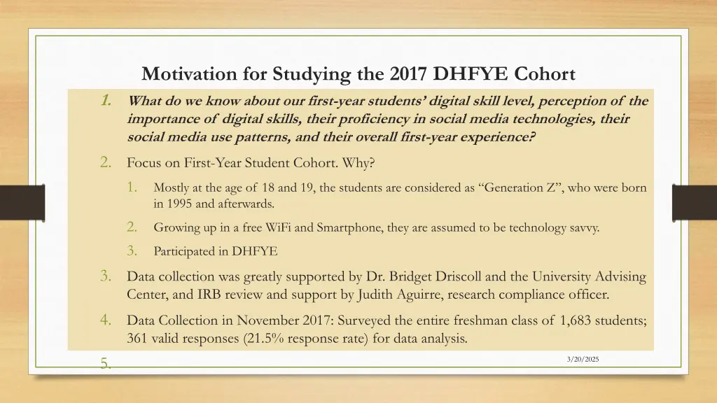 motivation for studying the 2017 dhfye cohort
