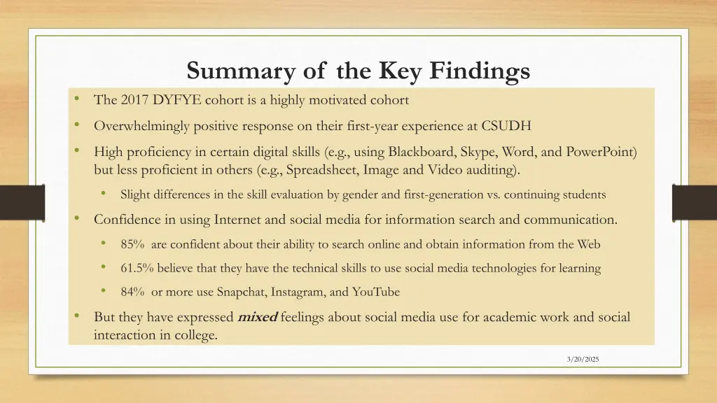 summary of the key findings the 2017 dyfye cohort