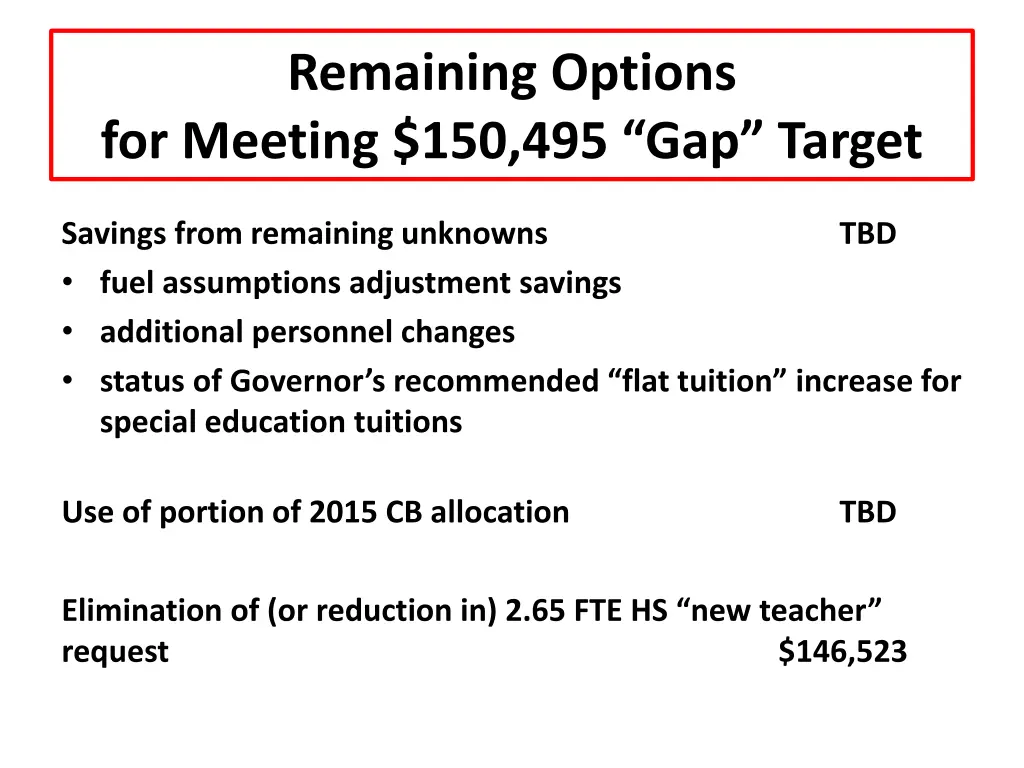 remaining options for meeting 150 495 gap target
