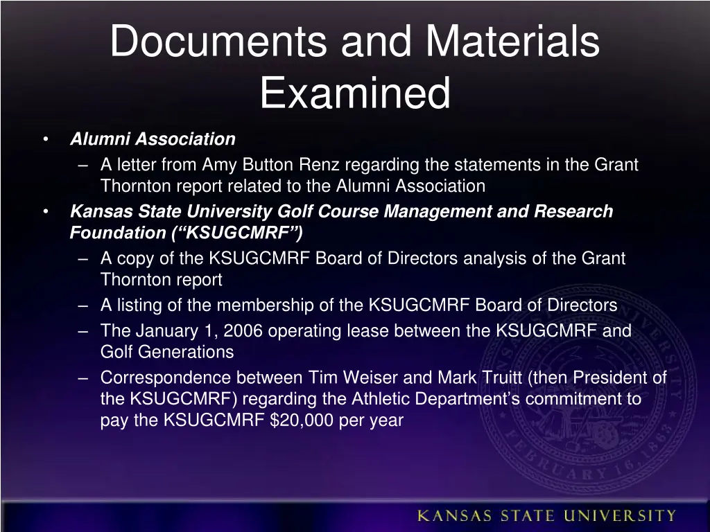 documents and materials examined