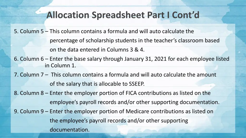 allocation spreadsheet part i cont d