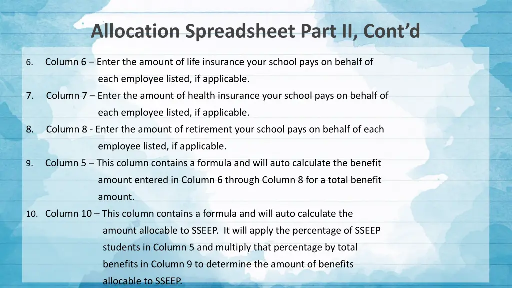 allocation spreadsheet part ii cont d