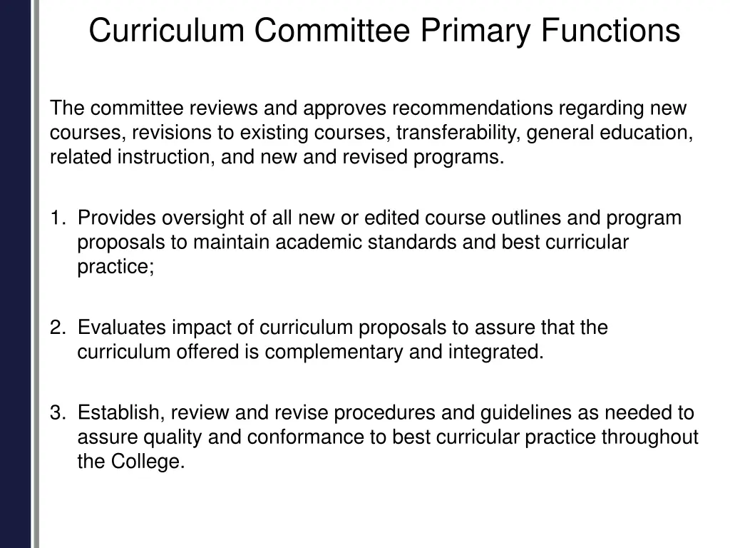curriculum committee primary functions