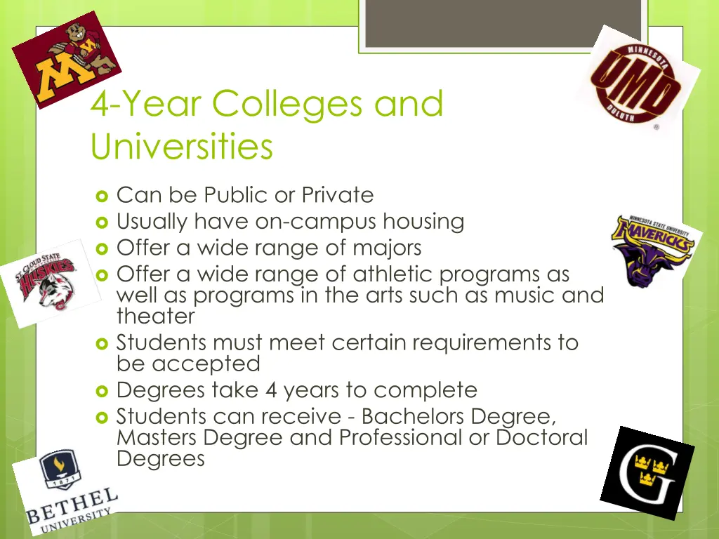 4 year colleges and universities