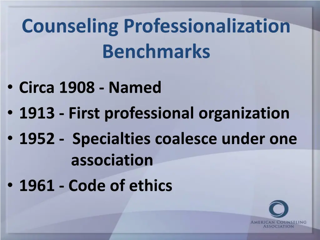 counseling professionalization benchmarks