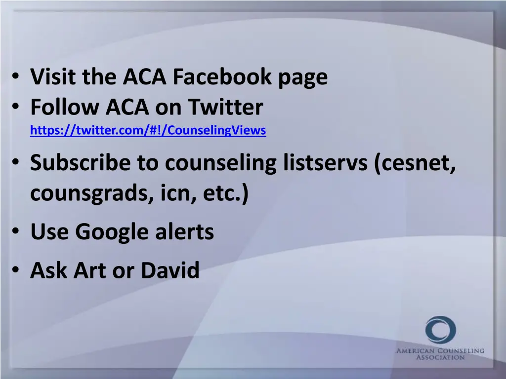 visit the aca facebook page follow aca on twitter