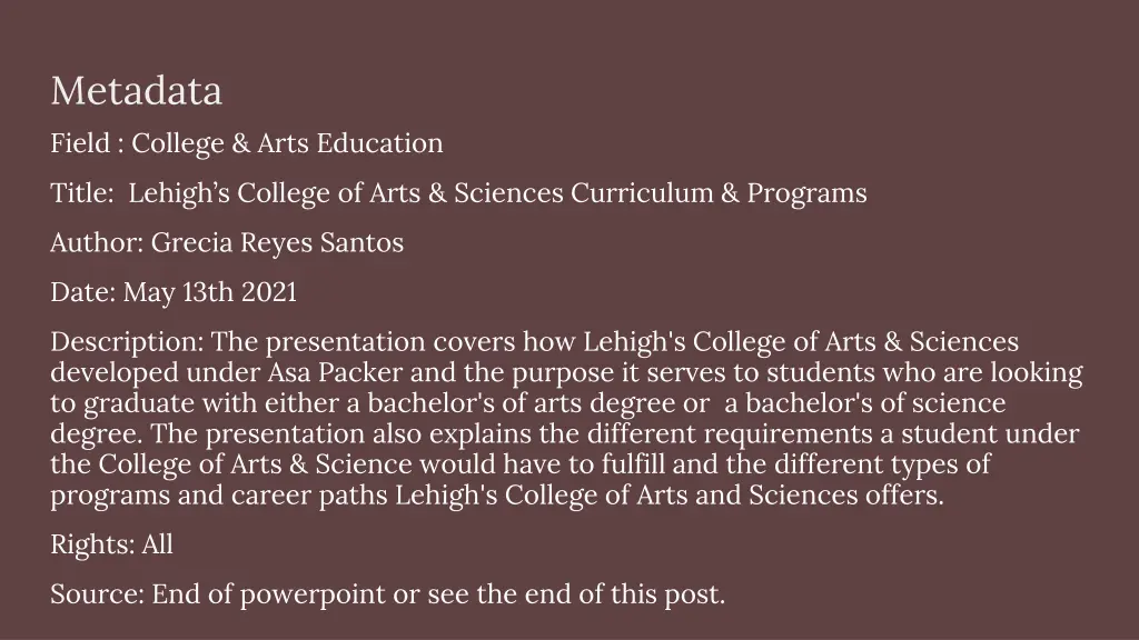metadata field college arts education