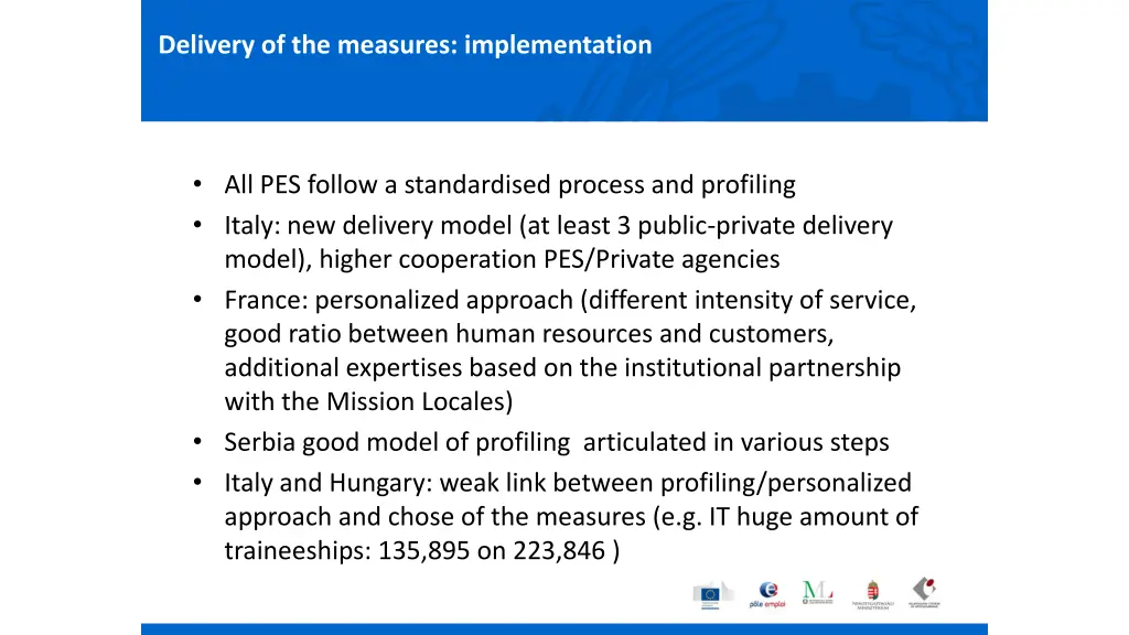 delivery of the measures implementation