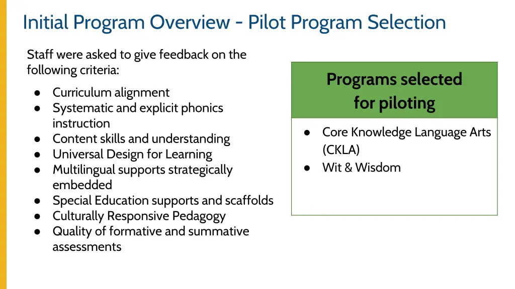 initial program overview pilot program selection