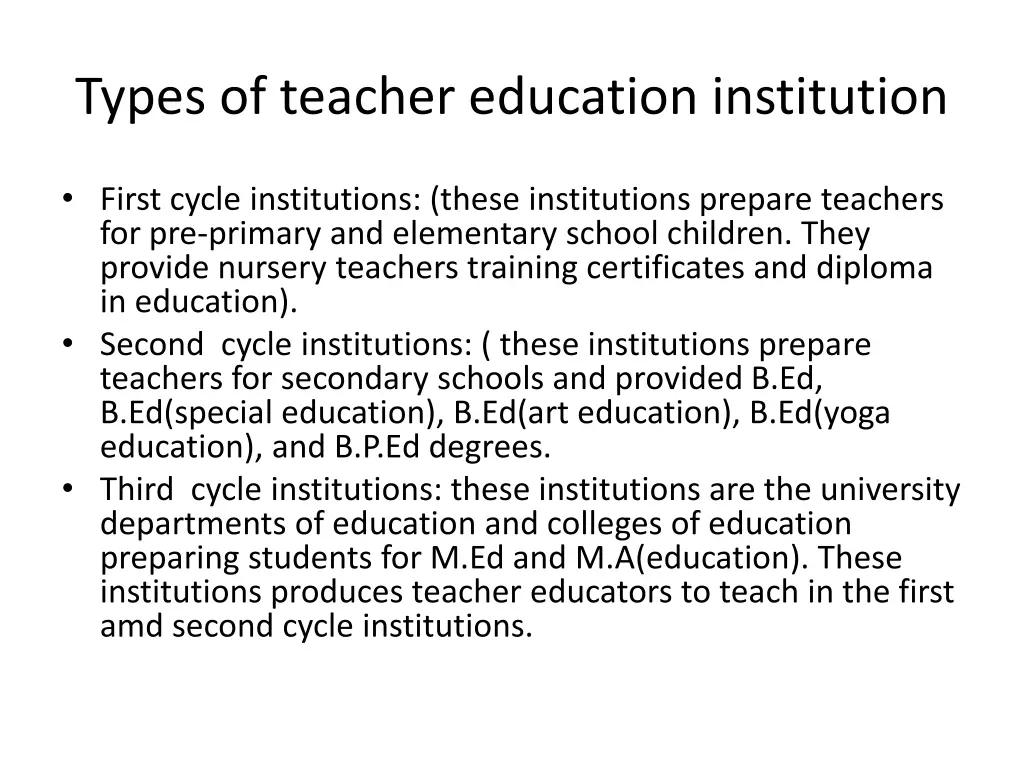types of teacher education institution