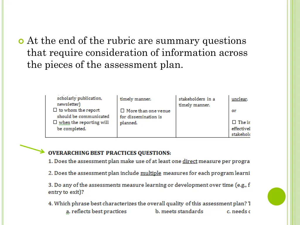 at the end of the rubric are summary questions