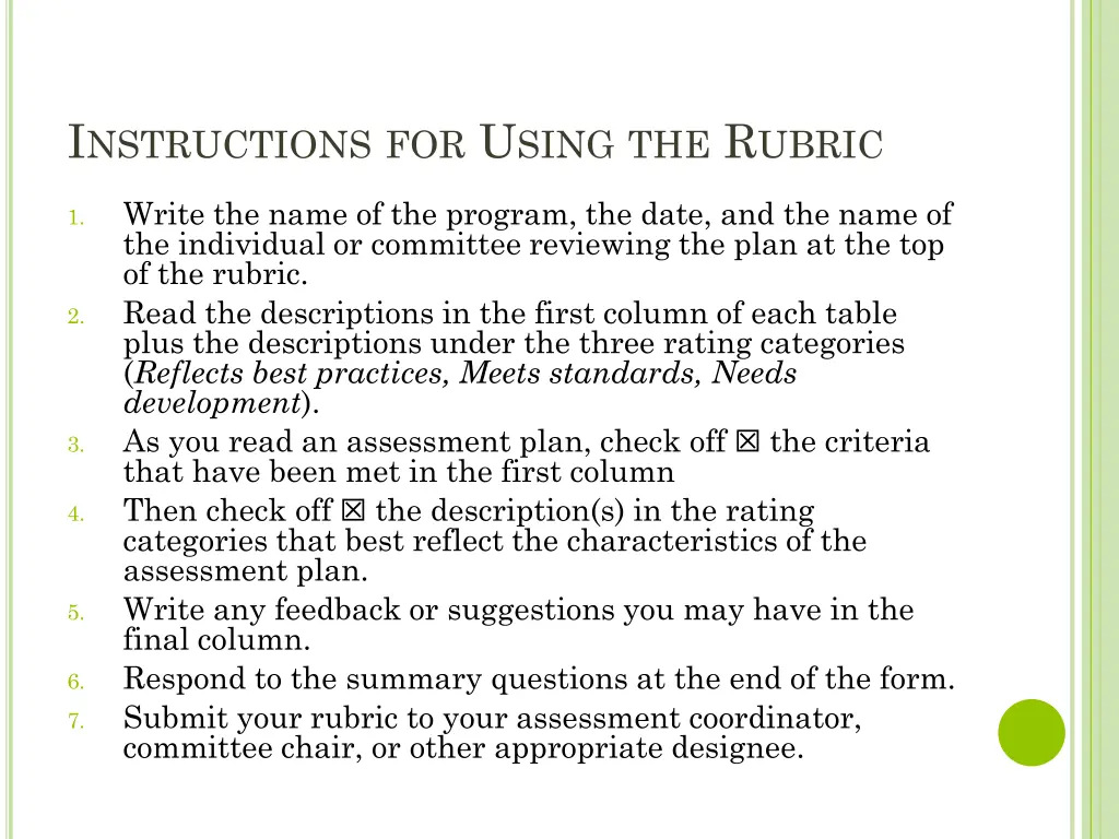 i nstructions for u sing the r ubric