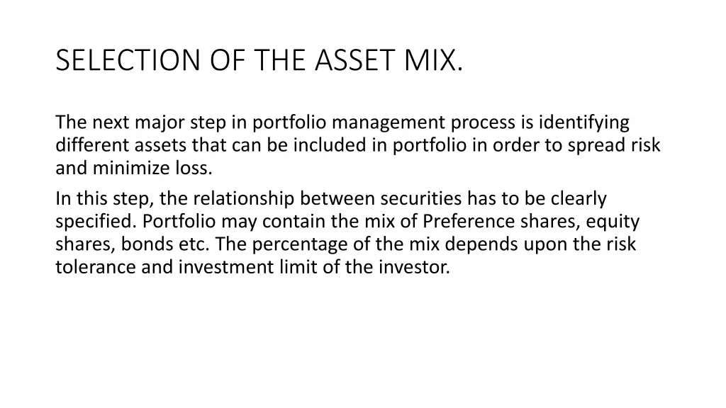 selection of the asset mix