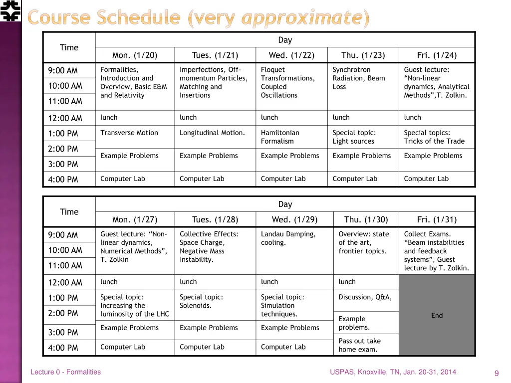 course schedule very approximate