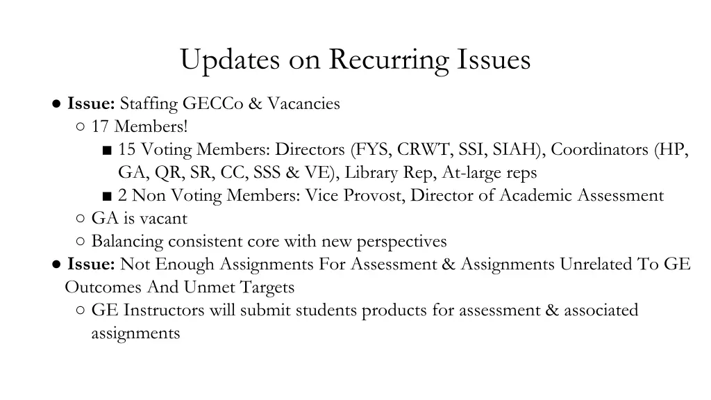 updates on recurring issues