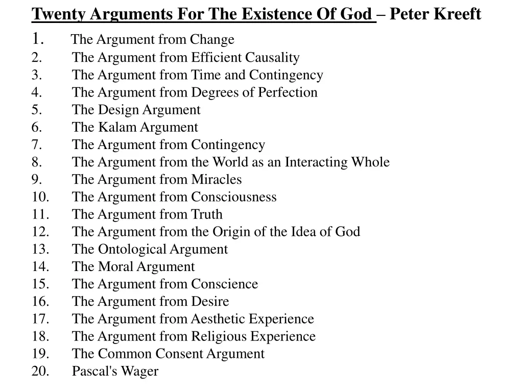 twenty arguments for the existence of god peter