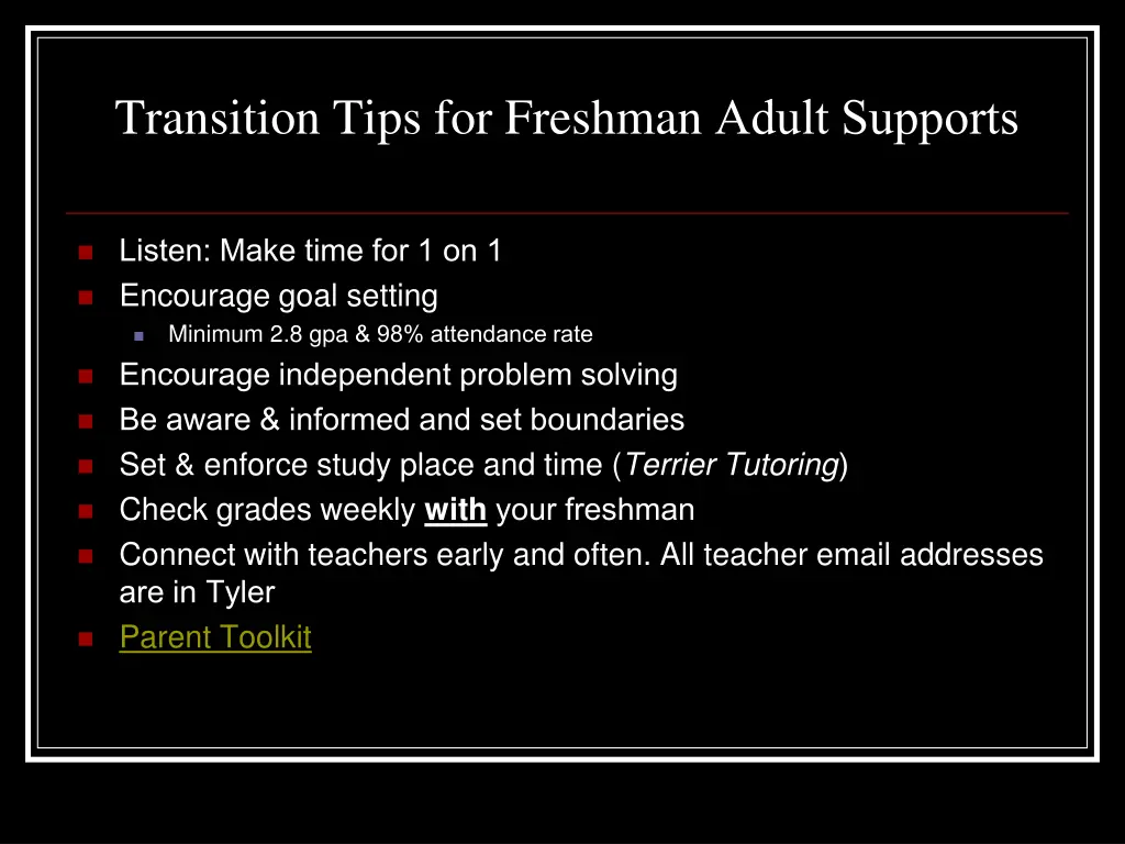 transition tips for freshman adult supports