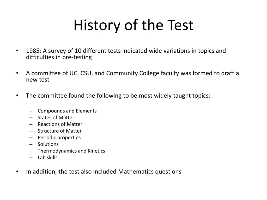 history of the test