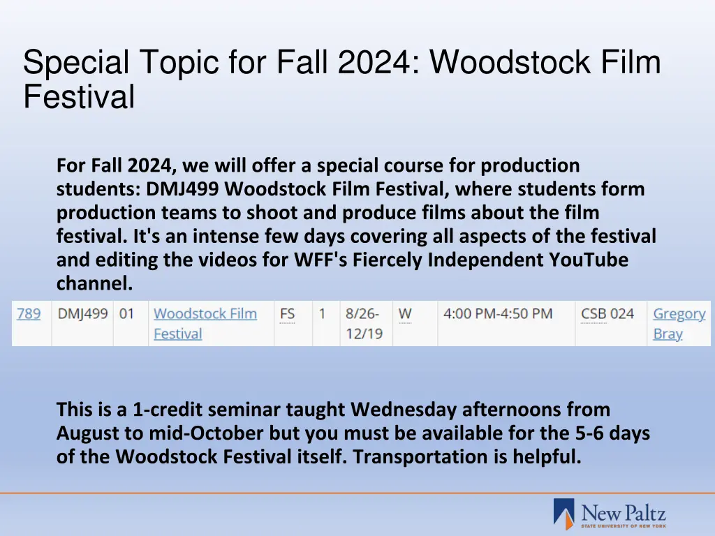 special topic for fall 2024 woodstock film