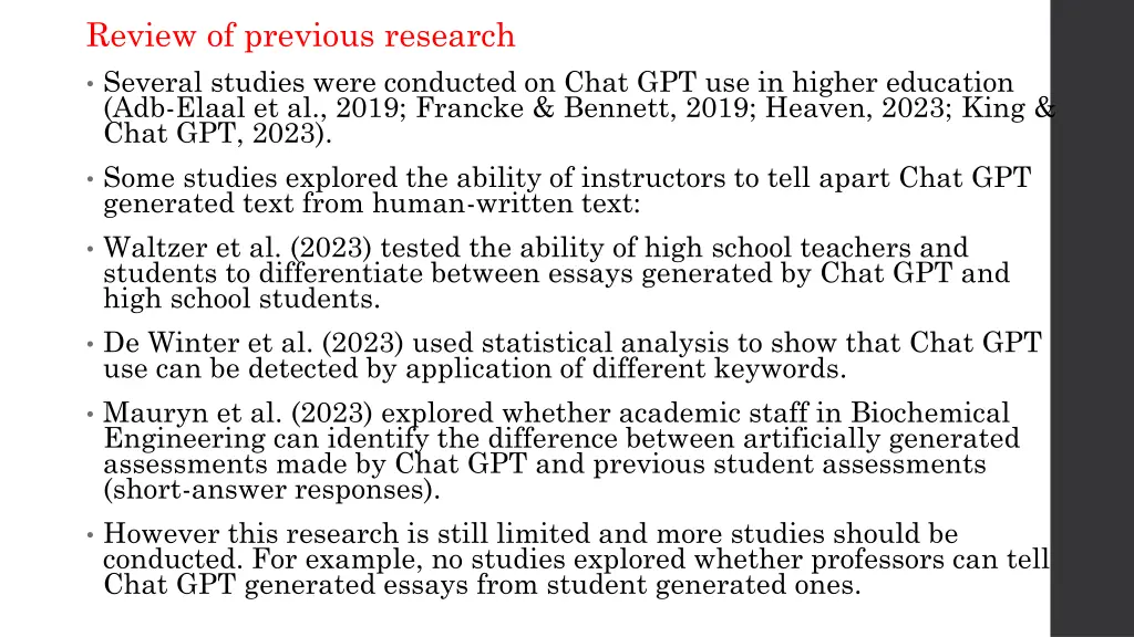 review of previous research several studies were