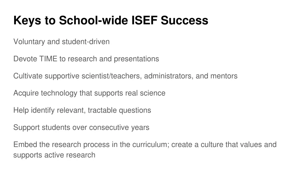 keys to school wide isef success