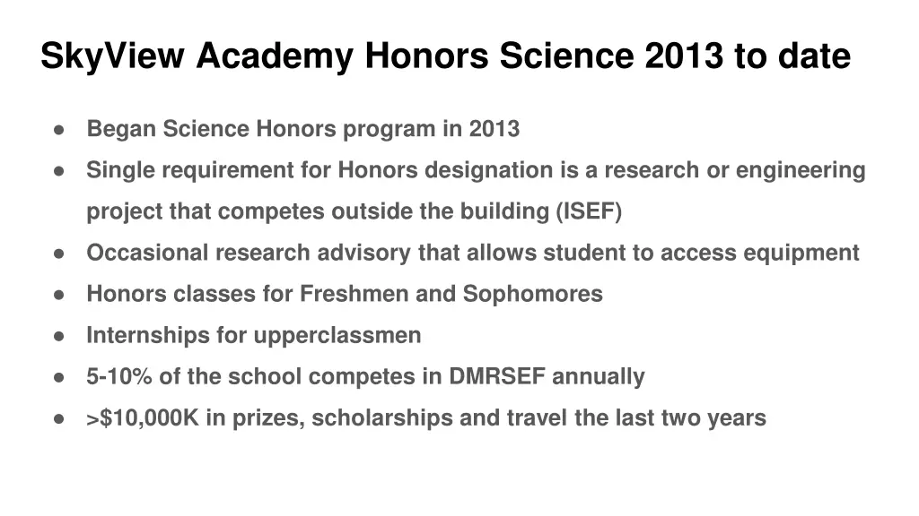 skyview academy honors science 2013 to date