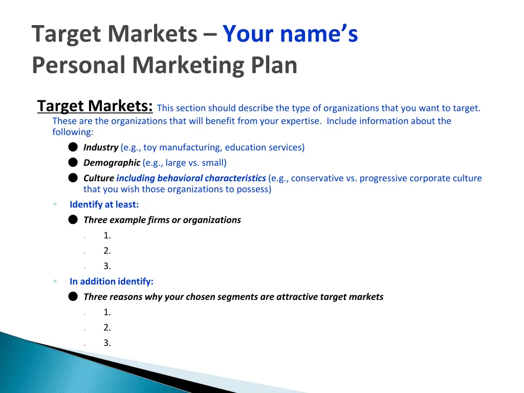 target markets your name s personal marketing plan