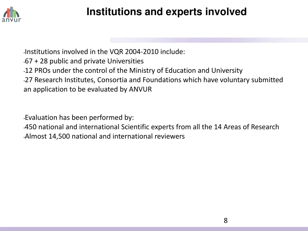 institutions and experts involved