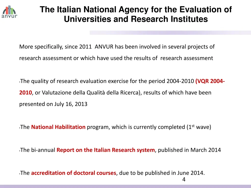 the italian national agency for the evaluation 1