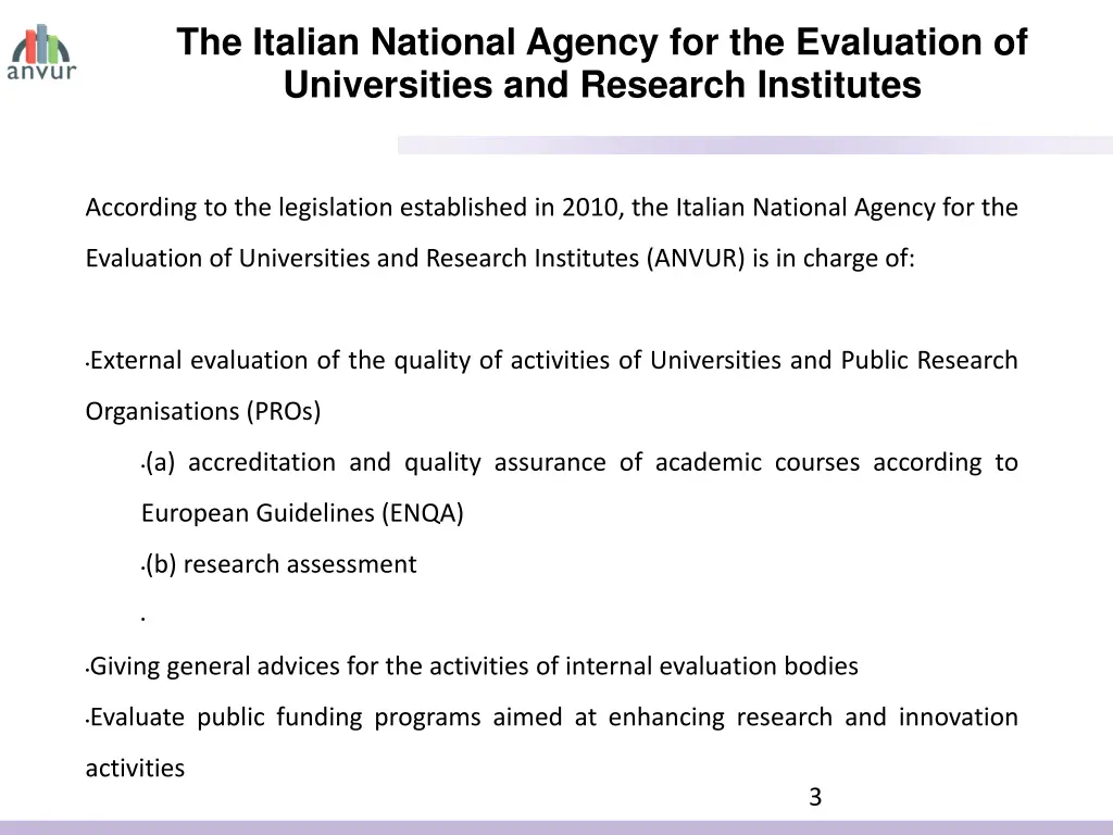 the italian national agency for the evaluation