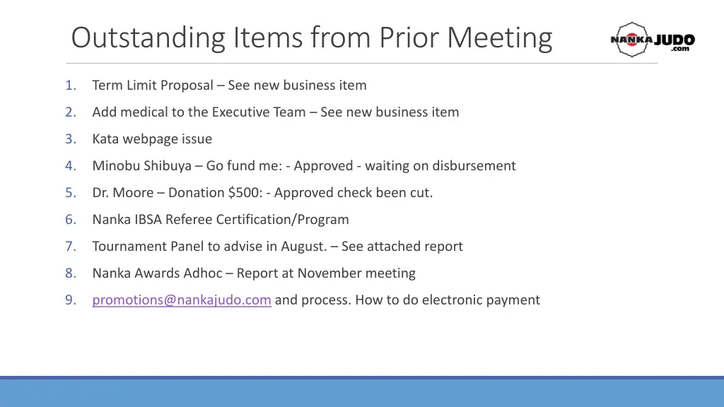 outstanding items from prior meeting