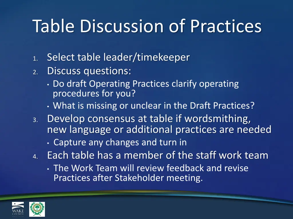 table discussion of practices