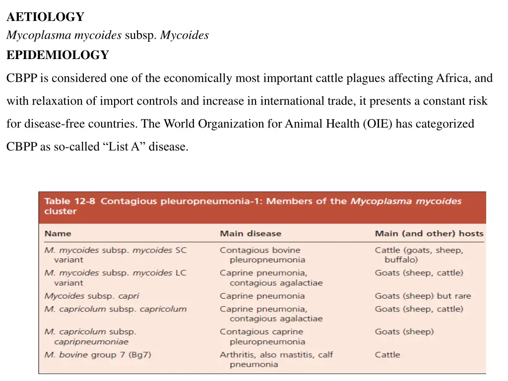 aetiology mycoplasma mycoides subsp mycoides