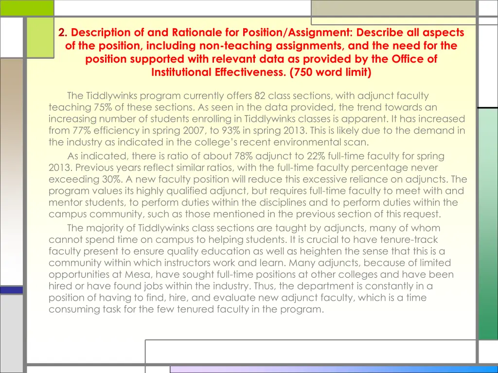 2 description of and rationale for position 1