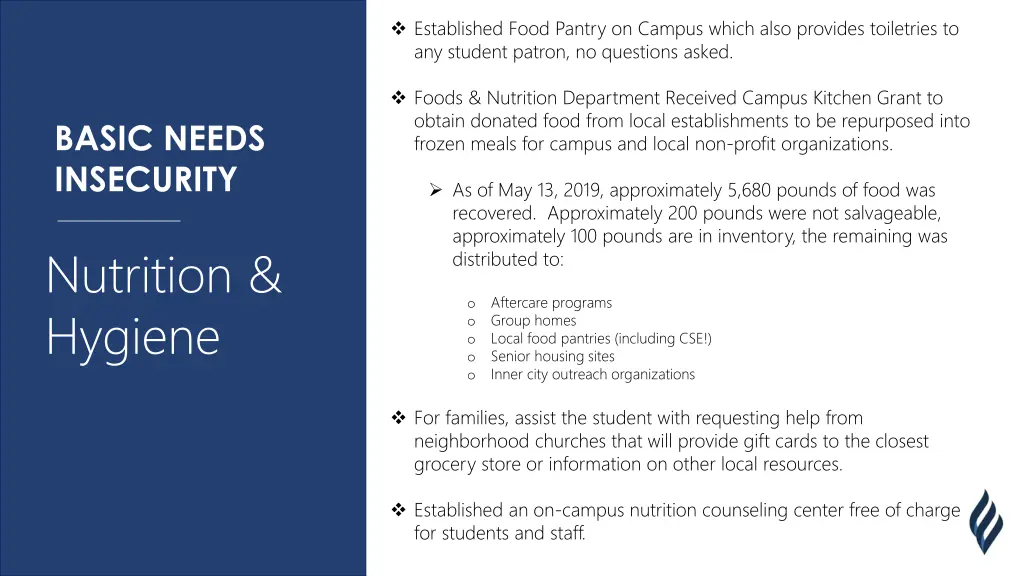 established food pantry on campus which also