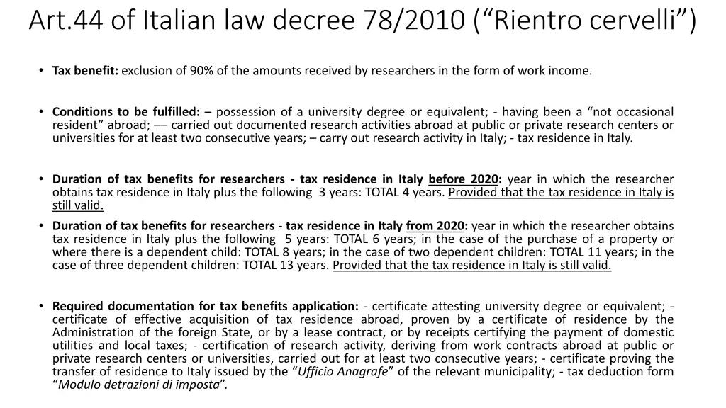art 44 of italian law decree 78 2010 rientro