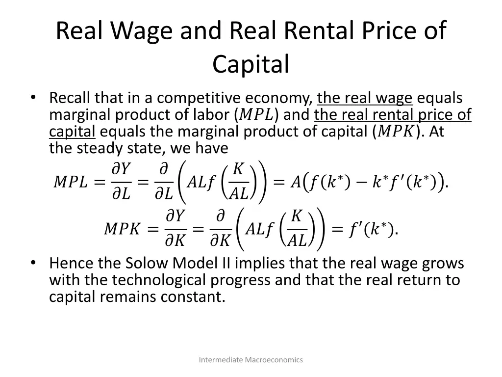 real wage and real rental price of capital recall