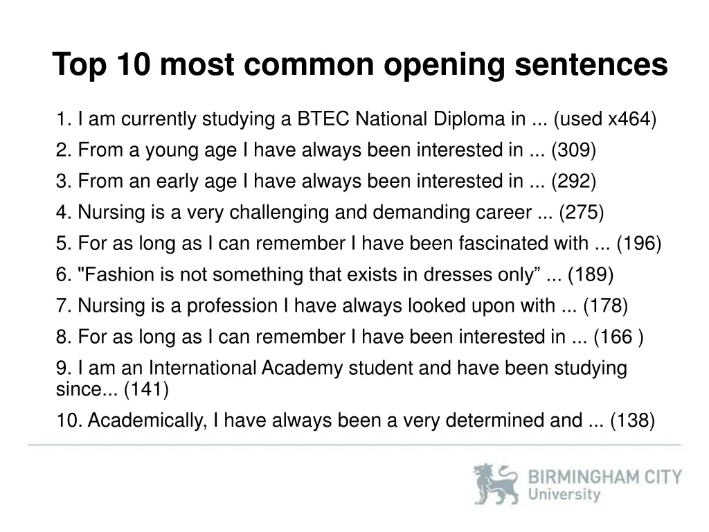 top 10 most common opening sentences