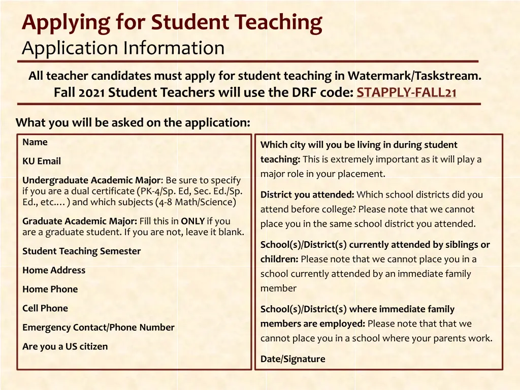 applying for student teaching application