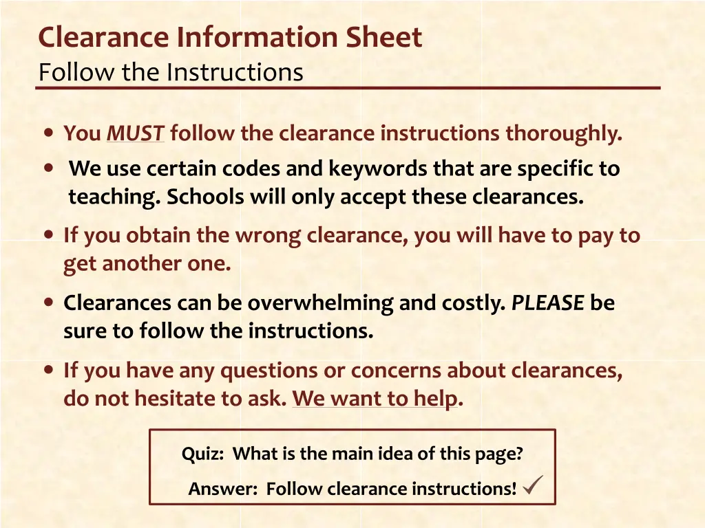 clearance information sheet follow