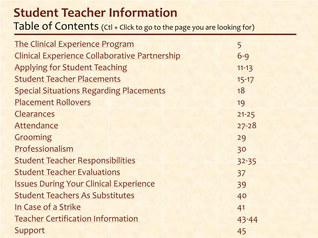 student teacher information table of contents