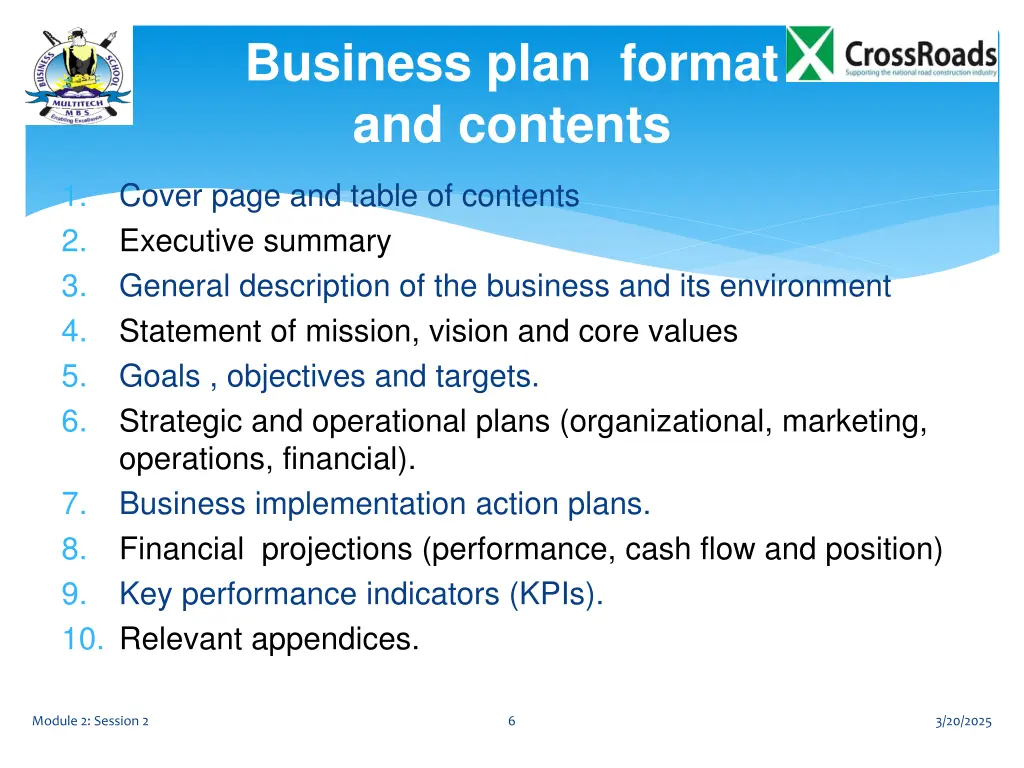business plan format and contents