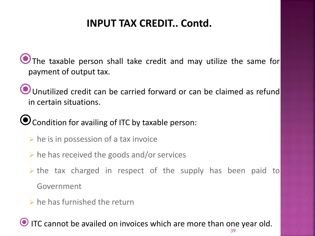 input tax credit contd
