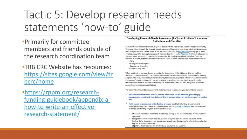 tactic 5 develop research needs statements